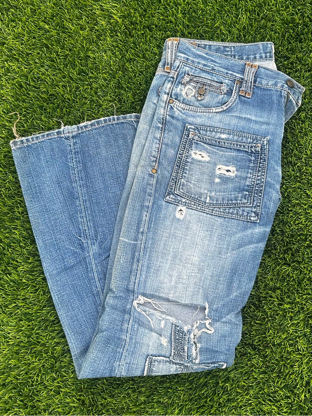 Henrik W32 Distressed Patchwork Jeans Y2K Raw Hem